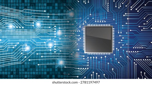 Close-up of glowing microchip on futuristic circuit board with blue digital lines