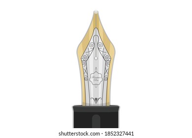 Closeup of gold and silver fountain pen ornate feather. Vector illustration.