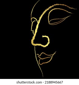 Closeup golden buddha face sketching vector design over black background