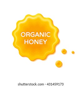 A close-up of a golden honey blot surrounded by drops on white background. Realistic vector illustration perfect for product packaging