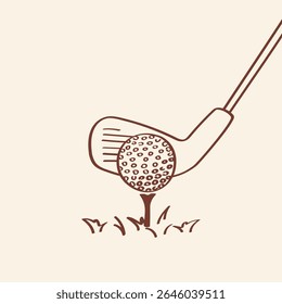 Close-up golf club hitting ball on grass. Hand-drawn vector illustration perfect for logos, infographics, golf event visuals or educational sports content.