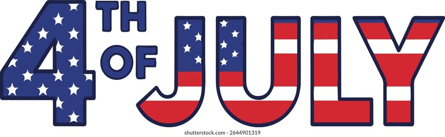 A close-up graphic displaying the text '4th of July' in bold lettering. The '4' is styled with an American flag pattern. The text is predominantly red, white, and blue.