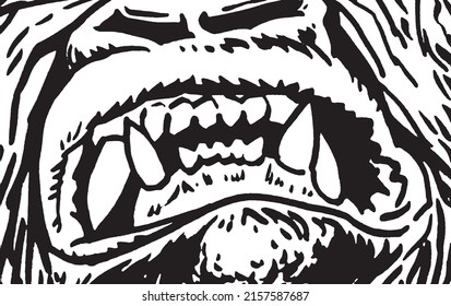 Close-up graphical grin of gorilla with sharp teeth,vector illustration
