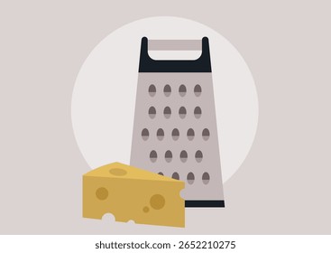 Um close-up de um ralador e um bloco de queijo mostra a preparação de delícias culinárias, destacando as texturas e as cores dos ingredientes em um ambiente de cozinha convidativo