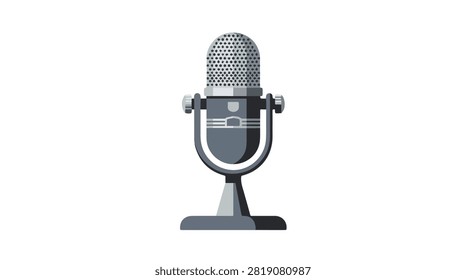Close-up of a gray podcast microphone with foam windscreen on a black stand suitable for audio recording and broadcasting in studios or online