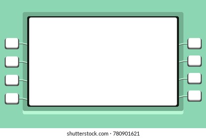 Closeup of Green ATM machine Monitor with white display and side button , Border Template , Cover , presentation or poster.
