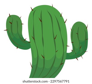 Close-up of a green cactus trunk with two arms and spines in cartoon style.