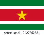 Close-up of green, white, red and yellow national flag of South American country of Suriname with star. Illustration made February 19th, 2024, Zurich, Switzerland.