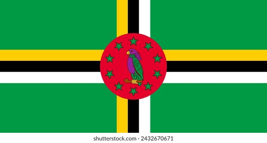 Close-up of green, yellow, white, black and red national flag of Caribbean country of Dominica with parrot. Illustration made March 2nd, 2024, Zurich, Switzerland.
