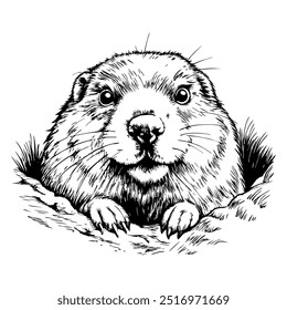 Close-up of a groundhog's face, with a curious expression