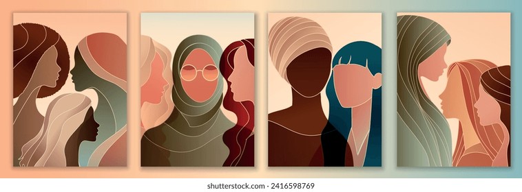 Close-up group silhouette of multicultural women. International women's day. Diversity - inclusion - equality or empowerment. Anti racism or stop discrimination. Template - poster - cover