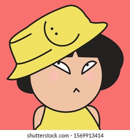 Closeup Grumpy Girl With Her Yellow Happy Bucket Hat Concept Card Character illustration