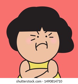 Closeup Grumpy Girl With Mimic Wrinkle Face Concept Card Character illustration