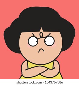 Closeup Grumpy Girl With Moody Facial Expression Concept Card Character illustration