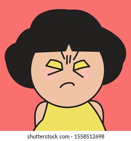 Closeup Grumpy Girl With Yellow Fierce Eyes Concept Card Character illustration