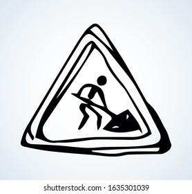 Closeup grunge roadside car wait builder ahead logo emblem element set view. Outline black hand drawn business roadway build stop concept design sketch. Art doodle cartoon line style white text space
