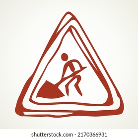 Closeup grunge roadside car wait builder ahead logo emblem element set view. Outline black hand drawn business roadway build stop concept design sketch. Art doodle cartoon line style white text space