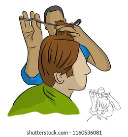 close-up hairdresser does the hair styling in barber shop vector illustration sketch doodle hand drawn with black lines isolated on white background