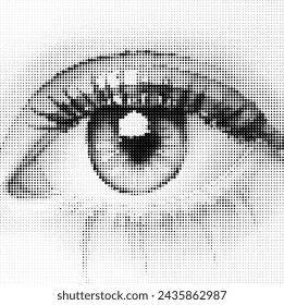 Close-up of a halftone patterned human eye in black and white.