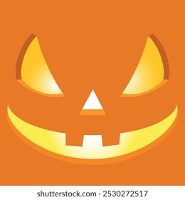 Primer plano de una Ilustración vectorial de calabaza de Halloween Jack-o-Lantern. Cara sonriente tallada con una expresión traviesa y siniestra. Decoración espeluznante, Clipart de Festiva, arte festivo. Cara sobre fondo naranja