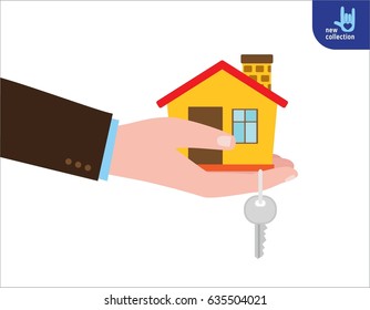 Closeup. Hand agent with home in palm and key on finger.
Rental of Real Estate business concept.
Offer of purchase house.
Giving, offering, demonstration.
Vector flat design Isolated illustration.