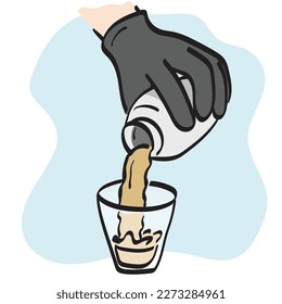 closeup hand of bartender pouring cocktail from shaker illustration vector hand drawn isolated on white background line art.
