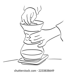 closeup hand brewing hot black coffee in glass coffee pot standing illustration vector hand drawn isolated on white background line art.