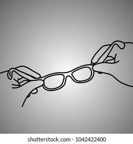 close-up hand of businessman holding eye glasses vector illustration doodle sketch hand drawn with black lines isolated on gray background.