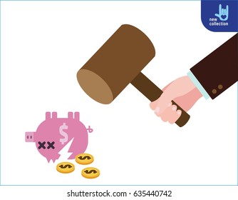 Closeup. A hand businessman holding a hammer which is raised above a pink piggy bank,
breaking. broken. smashing. business finance concept.
Vector flat icon cartoon design illustration.
isolated 
