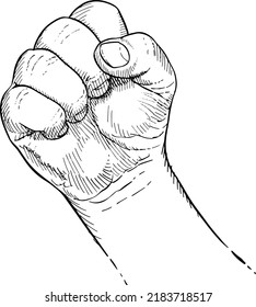 Close-up of hand closed into a fist. Hand language. Black and white vector illustration, handheld view.