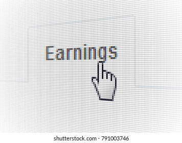 Close-Up Hand Cursor and Earnings Site Menu Item on Computer LCD Monitor Pixel Background  - Vector Macro Image Digital Concept
