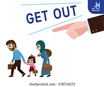 Closeup hand finger pointing to muslim family.
Expelled from the United States
Symbol of expel.
Vector flat cartoon character icon design.
Discrimination illustration concept.