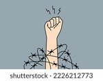 Close-up of hand in fist in wires thrive for independence and freedom. Raised hand with clenched fist fight for human rights. Vector illustration. 