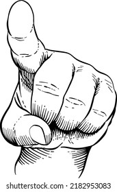 Close-up of a hand with forefinger pointing in front. Black and white vector illustration. Hand language