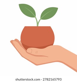 A close-up of a hand gently holding a terracotta pot with a young plant sprouting, representing nurturing and new beginnings.