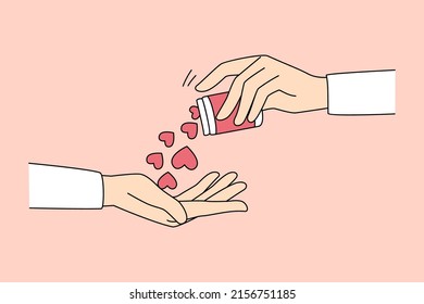 Closeup of hand give pills in form of hearts spread love and care to friend. People share affection and support. Metaphor of medication for kindness and comfort. Flat vector illustration. 