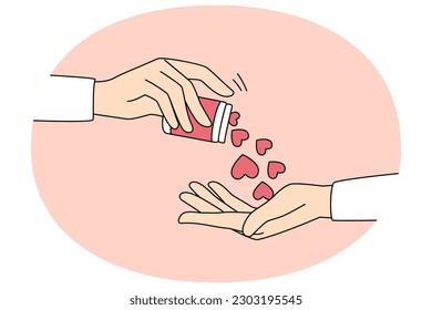 Closeup of hand give pills in form of hearts spread love and care to friend. People share affection and support. Metaphor of medication for kindness and comfort. Flat vector illustration.