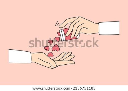 Closeup of hand give pills in form of hearts spread love and care to friend. People share affection and support. Metaphor of medication for kindness and comfort. Flat vector illustration. 