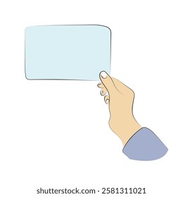 closeup hand holding blank blue card illustration vector hand drawn with black lines isolated on white 