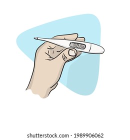 close-up hand holding digital thermometer  hand drawn with black lines illustration vector isolated on white background.