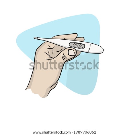 close-up hand holding digital thermometer  hand drawn with black lines illustration vector isolated on white background.