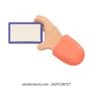 Primer plano de la mano sosteniendo etiqueta de nombre vacía. Smartphone con pantalla en blanco. Icono de vector 3D aislado sobre fondo blanco.