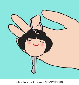 Closeup Hand Holding Girl Head With Smiling Face Key Concept Card Character illustration