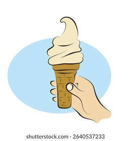 closeup hand holding an ice cream cone illustration vector hand drawn with black lines isolated on white background.