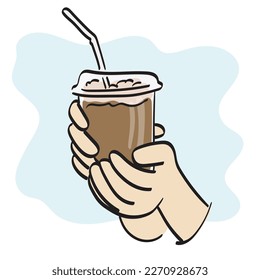 closeup hand holding iced coffee illustration vector hand drawn isolated on white background line art.