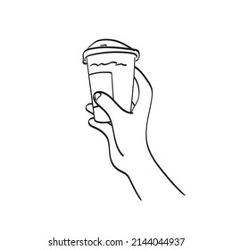 closeup hand holding iced take away coffee illustration vector hand drawn isolated on white background line art.