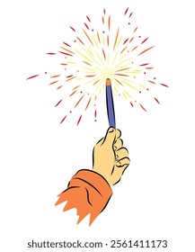 A close-up of a hand holding a lit sparkling firework, glowing brightly with sparks cascading in all directions.