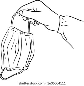 close-up hand holding medical mask vector illustration sketch doodle hand drawn isolated on white background