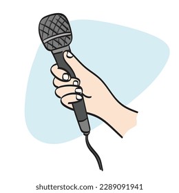 closeup hand holding microphone illustration vector hand drawn isolated on white background line art.