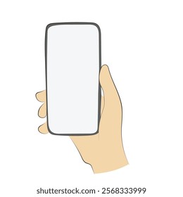 closeup hand holding a mobile phone with blank space on screen illustration vector hand drawn sketch isolated on white background